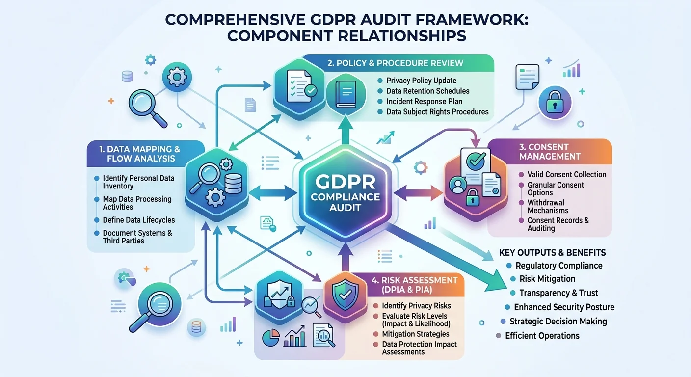 Visual flowchart of GDPR compliance audit components and their interconnections