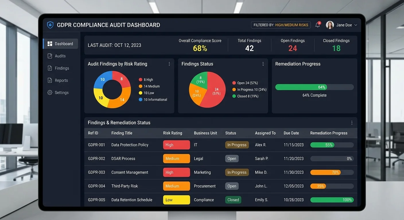 GDPR audit remediation tracking dashboard