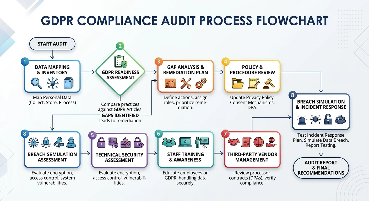 Step-by-step GDPR compliance audit process flowchart