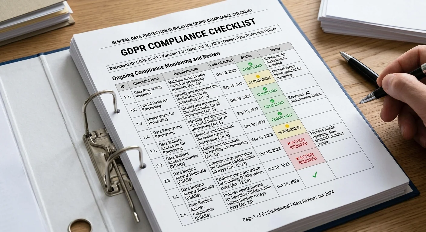 Version-controlled GDPR compliance checklist showing dated updates and status tracking
