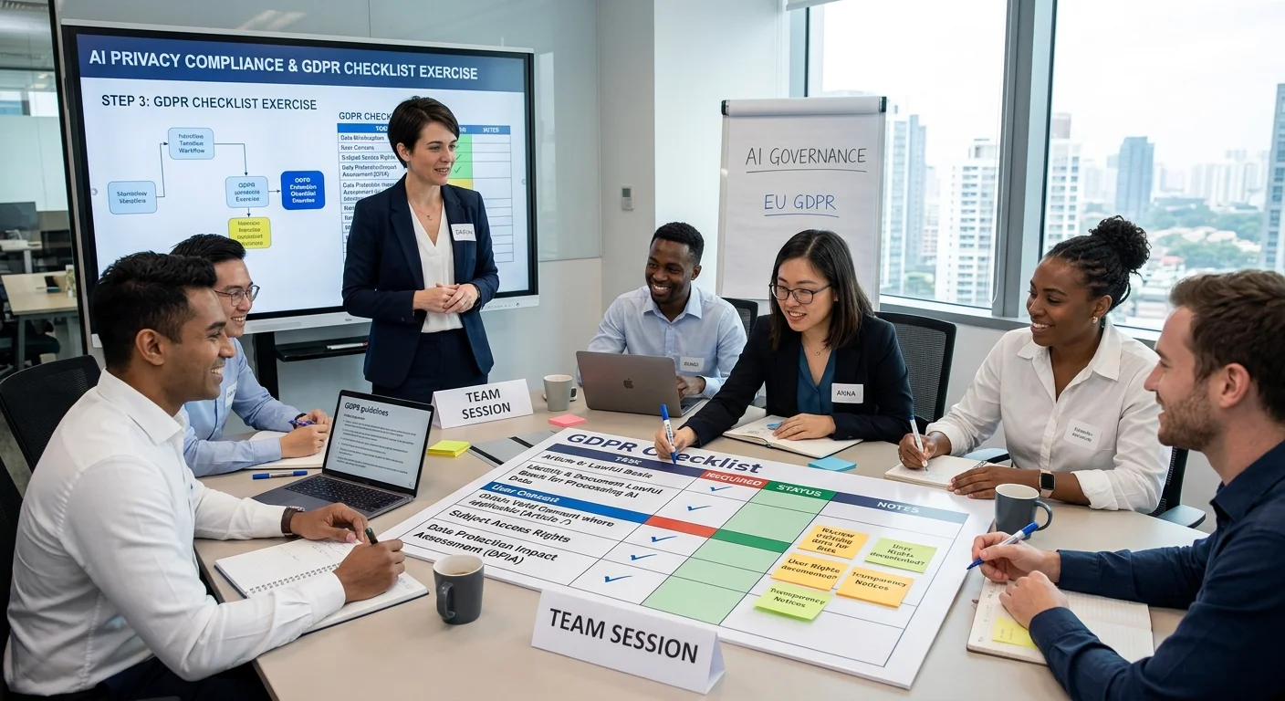 Privacy team conducting AI-specific GDPR compliance training workshop